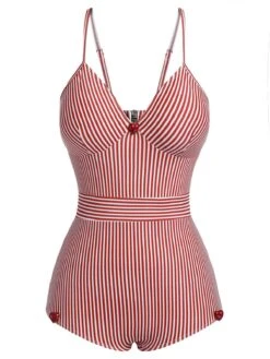 Red 1940s Spaghetti Strap Stripes One-Piece Swimsuit -Retro Pulse Shop SCXL000055 1 compressed