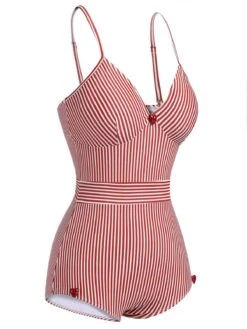 Red 1940s Spaghetti Strap Stripes One-Piece Swimsuit -Retro Pulse Shop SCXL000055 2 compressed