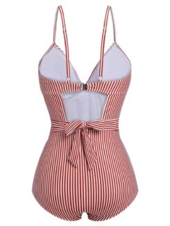 Red 1940s Spaghetti Strap Stripes One-Piece Swimsuit -Retro Pulse Shop SCXL000055 3 compressed