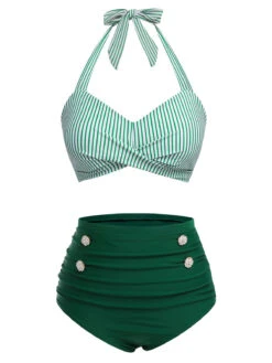 Green 1940s Striped Halter Swimsuit Set -Retro Pulse Shop SCXL000061 1