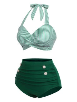 Green 1940s Striped Halter Swimsuit Set -Retro Pulse Shop SCXL000061 2