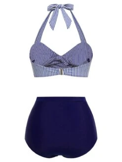 Green 1940s Striped Halter Swimsuit Set -Retro Pulse Shop SCXL000061 B2