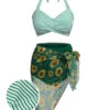 2PCS Green 1940s Stripes Swimsuit & Sunflower Cover-Up -Retro Pulse Shop SCXL000062 SCXL000061 01 2 3