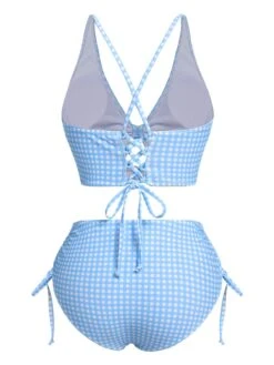 Blue 1950s Spaghetti Strap Plaids Swimsuit 12 Blue 1950s Spaghetti Strap Plaids Swimsuit -Retro Pulse Shop SCXL000065 3 compressed
