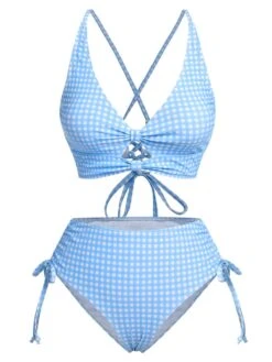 2PCS Blue 1950s Plaids Swimsuit & Mesh Cover-Up -Retro Pulse Shop SCXL000065 BL