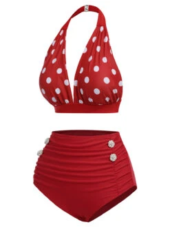 Red 1950s Polka Dot Halter Separate Swimsuit -Retro Pulse Shop SCXL000067 2