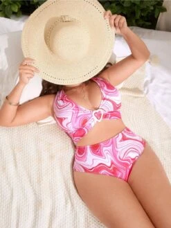 [Plus Size] Pink 1930s Marble Print Halter Swimsuit -Retro Pulse Shop SCXL000068 P 1 2