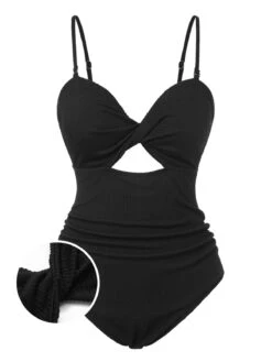 [Plus Size] Black 1960s Spaghetti Strap Twist Swimsuit