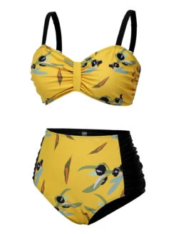 [Plus Size] Yellow 1930s Contrast Floral Strap Swimsuit -Retro Pulse Shop SCXL000071 Y 01 3