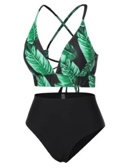 [Plus Size] 1930s Green Leaves V-Neck Strap Bikini Set -Retro Pulse Shop SCXL000073 B 01 3