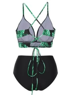 [Plus Size] 1930s Green Leaves V-Neck Strap Bikini Set -Retro Pulse Shop SCXL000073 B 01 4