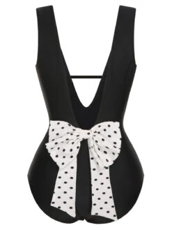 Black 1950s Polka Dot V-Neck Bow Swimsuit -Retro Pulse Shop SCXL000077 3