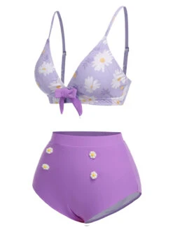 Purple 1950s Daisy Bow Strap Swimsuit -Retro Pulse Shop SCXL000081 2
