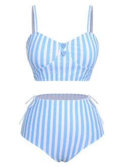 Blue 1950s Striped Heart Button Swimsuit -Retro Pulse Shop SCXL000115 1