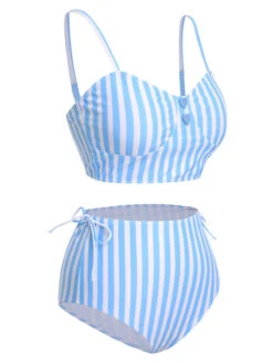 Blue 1950s Striped Heart Button Swimsuit -Retro Pulse Shop SCXL000115 2