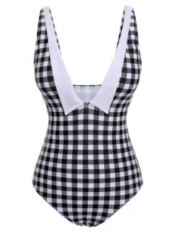 Black & White 1950s Plaid One-Piece Swimsuit -Retro Pulse Shop SCXL000117 1