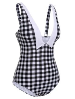 Black & White 1950s Plaid One-Piece Swimsuit -Retro Pulse Shop SCXL000117 2