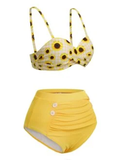 Yellow 1950s Spaghetti Strap Sunflower Plaids Swimsuit -Retro Pulse Shop SCXL000120 2 compressed