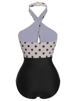 Beige 1950s Polka Dot Halter One-Piece Swimsuit -Retro Pulse Shop SCXL000121 3