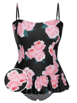 [Plus Size] Multicolor 1930s Ruffled Hem Printed Swimsuit
