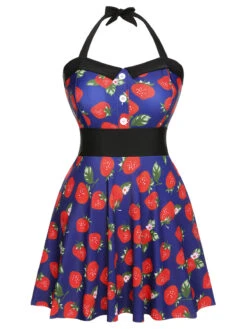 [Plus Size] Multicolor 1930s Colorblocked Strawberry Halter Swimsuit -Retro Pulse Shop SCXL000139 MC 01 2