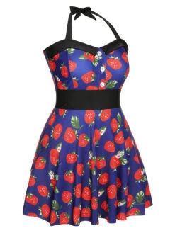 [Plus Size] Multicolor 1930s Colorblocked Strawberry Halter Swimsuit -Retro Pulse Shop SCXL000139 MC 01 3