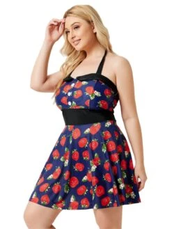 [Plus Size] Multicolor 1930s Colorblocked Strawberry Halter Swimsuit -Retro Pulse Shop SCXL000139 MC 1 1