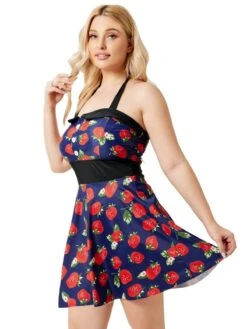 [Plus Size] Multicolor 1930s Colorblocked Strawberry Halter Swimsuit -Retro Pulse Shop SCXL000139 MC 1 2