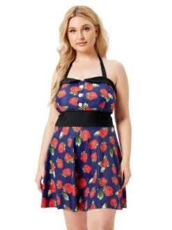 [Plus Size] Multicolor 1930s Colorblocked Strawberry Halter Swimsuit -Retro Pulse Shop SCXL000139 MC 1 4
