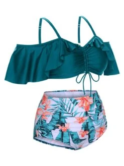 [Plus Size] Green 1950s Strap Floral Ruffles Swimsuit -Retro Pulse Shop SCXL000144 2 compressed