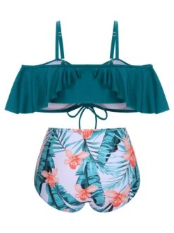 [Plus Size] Green 1950s Strap Floral Ruffles Swimsuit -Retro Pulse Shop SCXL000144 3 compressed