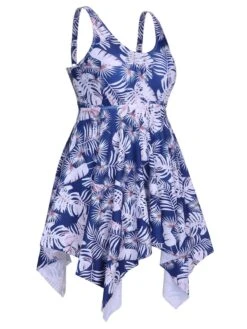[Plus Size] Blue 1950s Leaves Spaghetti Strap Swimsuit -Retro Pulse Shop SCXL000147 2