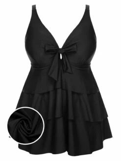 [Plus Size] 1950s Solid Front Tie Ruffle Swimsuit -Retro Pulse Shop SCXL000149 B 01