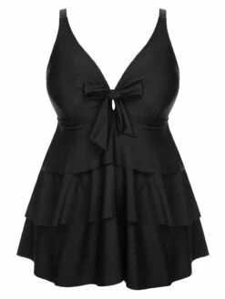 [Plus Size] 1950s Solid Front Tie Ruffle Swimsuit -Retro Pulse Shop SCXL000149 B 1