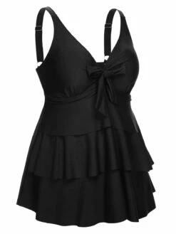 [Plus Size] 1950s Solid Front Tie Ruffle Swimsuit -Retro Pulse Shop SCXL000149 B 2