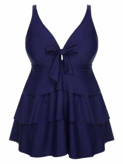 [Plus Size] 1950s Solid Front Tie Ruffle Swimsuit -Retro Pulse Shop SCXL000149 BL 1