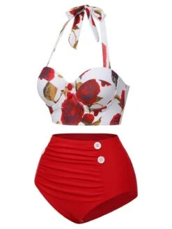 Red 1940s Halter Roses Swimsuit -Retro Pulse Shop SCXL000153 2 compressed