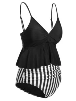 Black 1950s Striped Printed Separate Swimsuit -Retro Pulse Shop SCXL000163 2