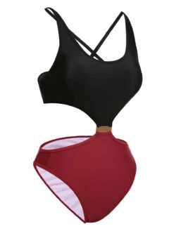 Red & Black 1950s Solid Patchwork Lace Up Swimsuit -Retro Pulse Shop SCXL000167 2