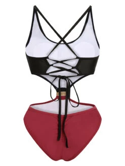 Red & Black 1950s Solid Patchwork Lace Up Swimsuit -Retro Pulse Shop SCXL000167 3