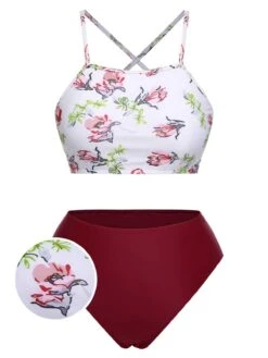 1940s Strap Contrast Floral Lace-Up Swimsuit