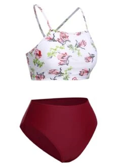 1940s Strap Contrast Floral Lace-Up Swimsuit -Retro Pulse Shop SCXL000168 2 compressed