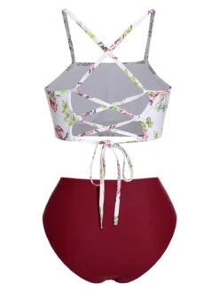 1940s Strap Contrast Floral Lace-Up Swimsuit -Retro Pulse Shop SCXL000168 3 compressed