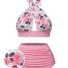 Pink 1940s Floral Cross Halter Swimsuit