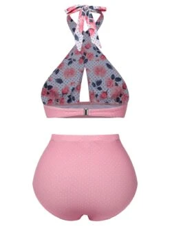 Pink 1940s Floral Cross Halter Swimsuit 12 Pink 1940s Floral Cross Halter Swimsuit -Retro Pulse Shop SCXL000169 3