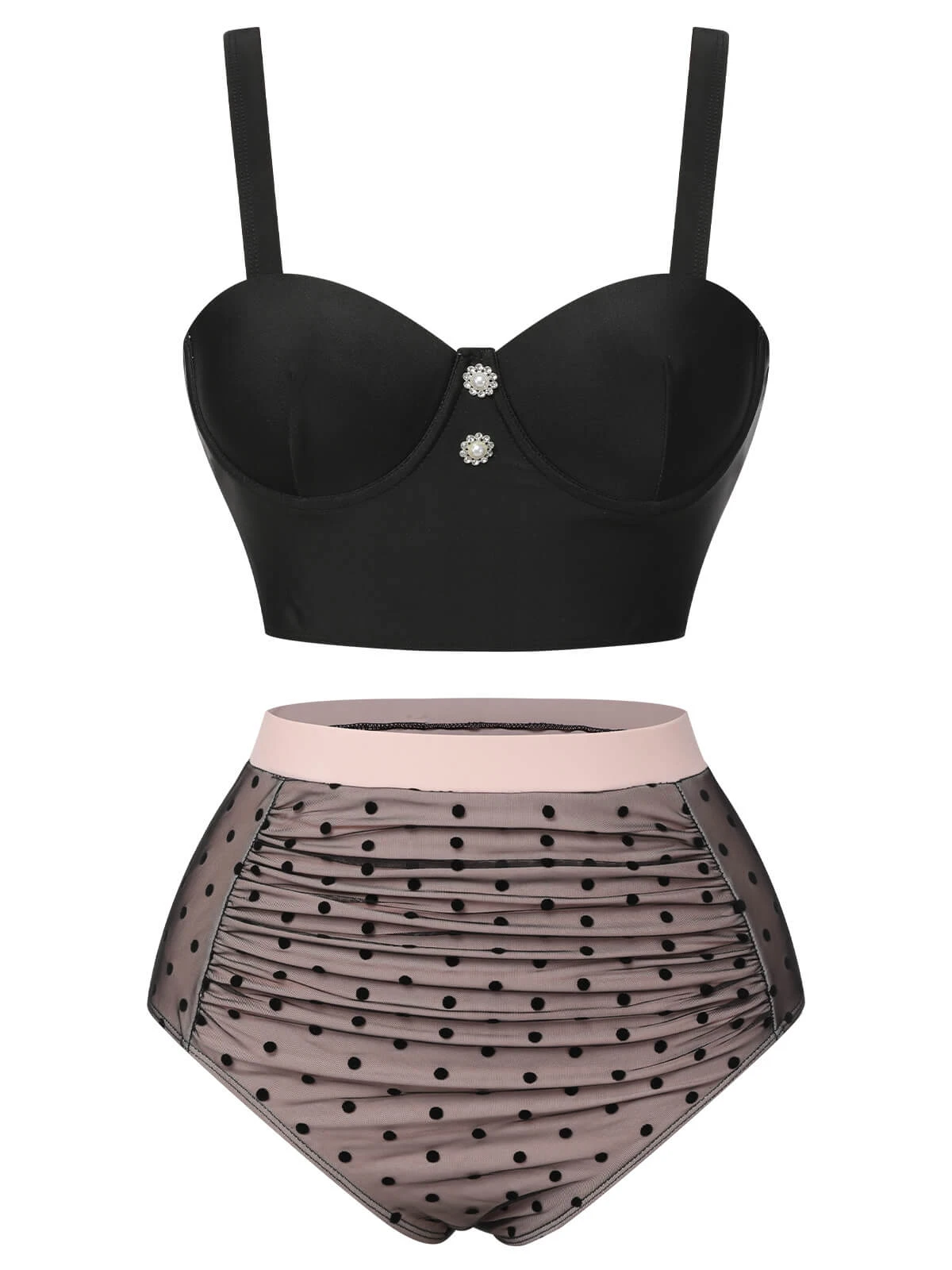 Black 1960s Polka Dots Mesh Swimsuit 4 Black 1960s Polka Dots Mesh Swimsuit - Image 2