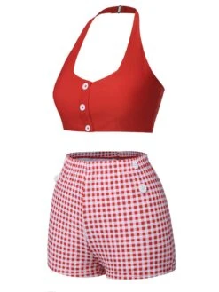Red 1950s Halter Plaids Swimsuit -Retro Pulse Shop SCXL000175 2 compressed