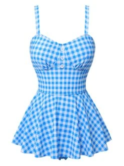 Dark Blue 1950s Plaid Spaghetti Strap Swimsuit -Retro Pulse Shop SCXL000176 1