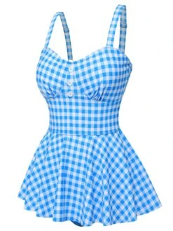 Dark Blue 1950s Plaid Spaghetti Strap Swimsuit -Retro Pulse Shop SCXL000176 2