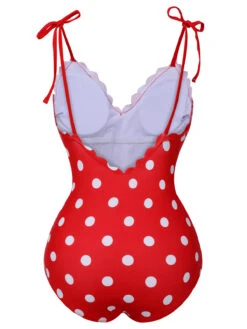Red 1950s Polka Dot Shoulder Tie Swimsuit -Retro Pulse Shop SCXL000177 3